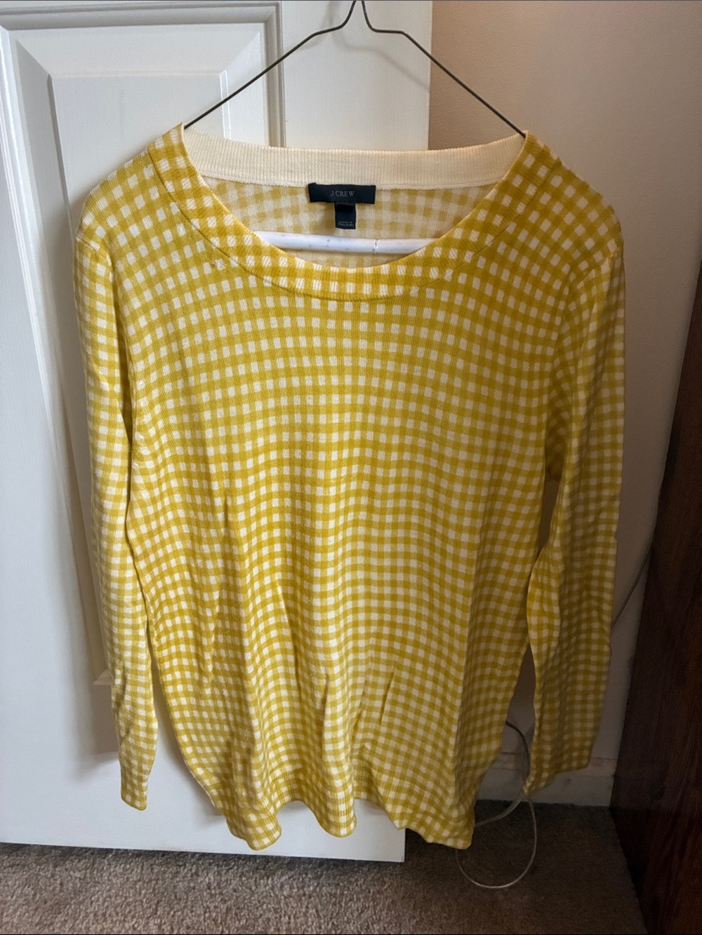 J. Crew Yellow and White Gingham Crewneck Sweater